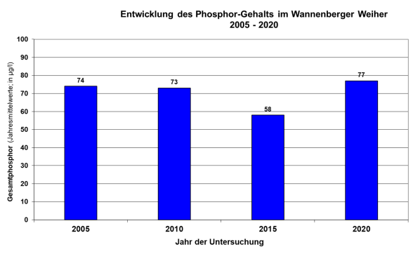 Säulendiagramm Phosphorgehalte im Wannenberger Weiher 2005 bis 2020