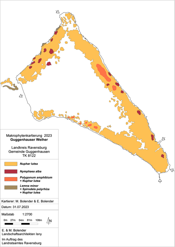Karte zum Wasserpflanzenvorkommen Guggenhauser Weiher 2023