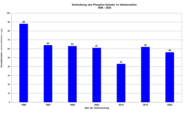 Säulendiagramm Phosphorgehalte im Häcklerweiher 1990 bis 2020