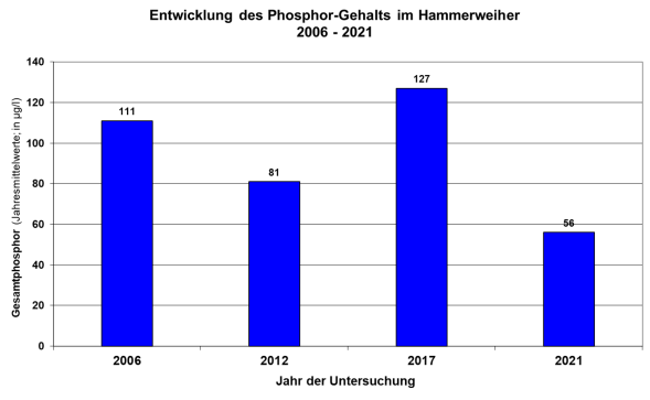 Säulendiagramm Phosphorgehalte im Hammerweiher 2006 bis 2021