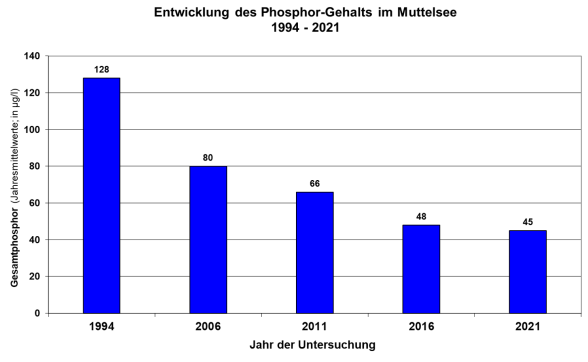 Säulendiagramm Phosphorgehalte im Muttelsee 1994 bis 2021