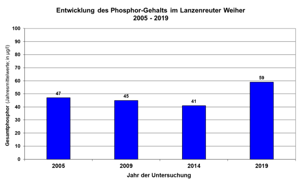 Säulendiagramm Phosphorgehalte im Lanzenreuter Weiher 2005 bis 2019