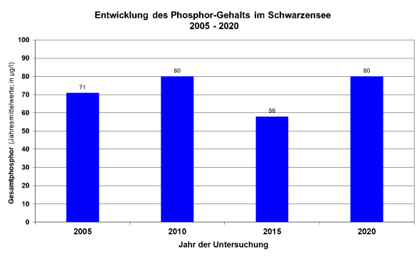 Säulendiagramm Phosphorgehalte Schwarzensee 2005 bis 2020