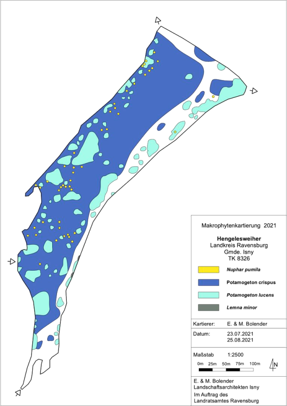 Karte zum Wasserpflanzenvorkommen Hengelesweiher 2021